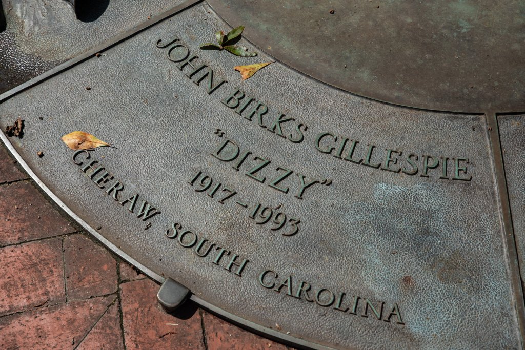 Photo of plaque in front of the Dizzy Gillespie statue in Cheraw, SC