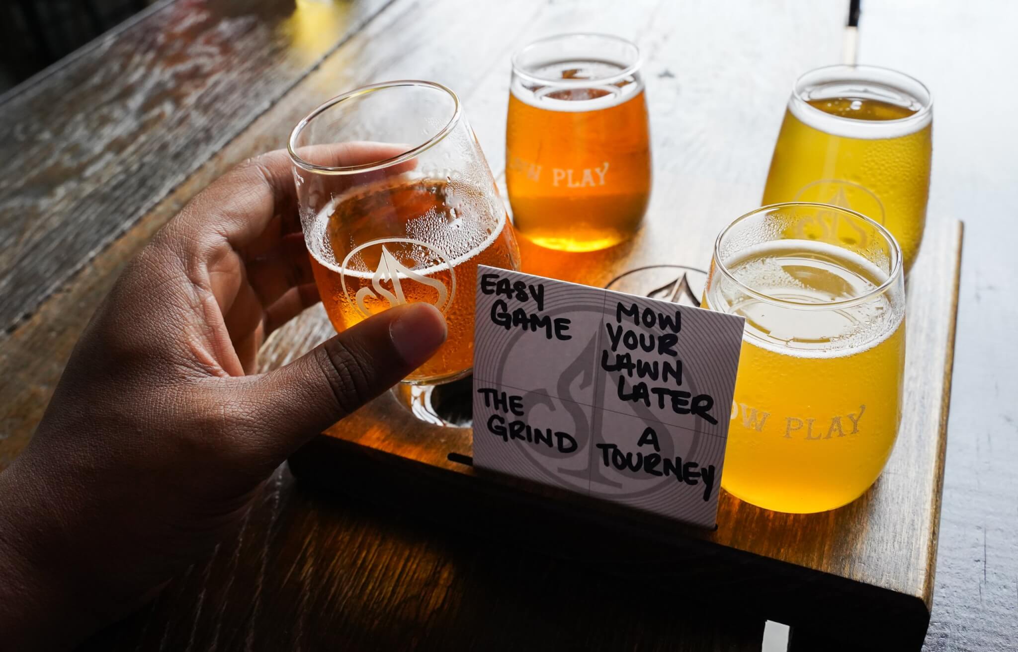 photo of beer flight from Slow Play Brewing in York County, part of the OED